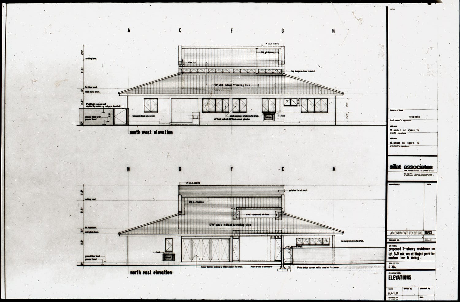 Northeast elevation drawing of 32 Binjai Park, 1973, courtesy of NLB, Lee Kip Lin Collection.